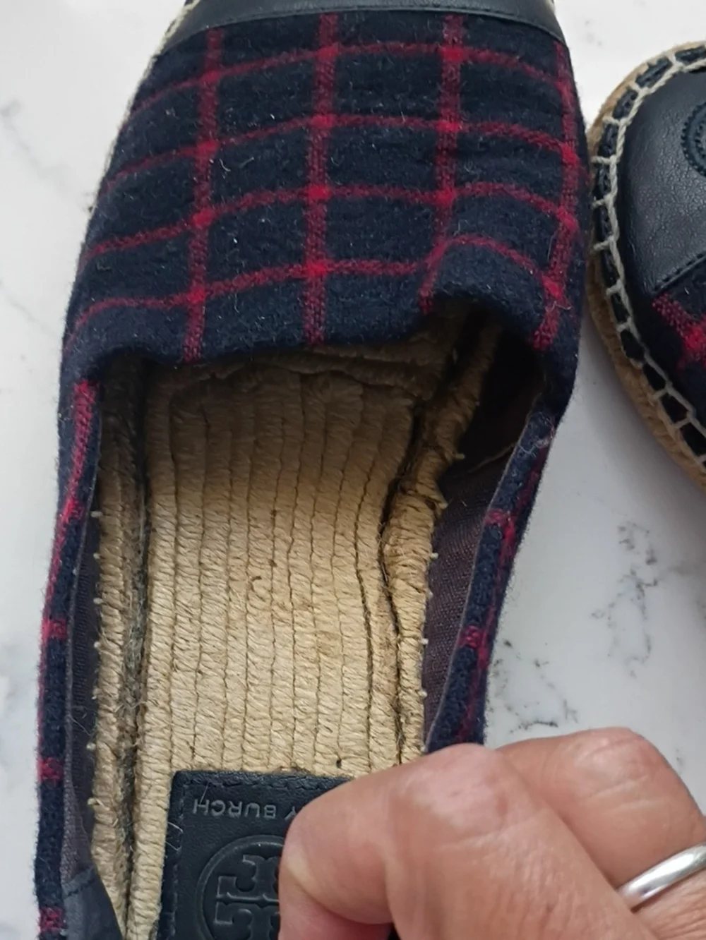 Tory Burch Navy and Red Plaid Espadrille Flats with Logo Toe